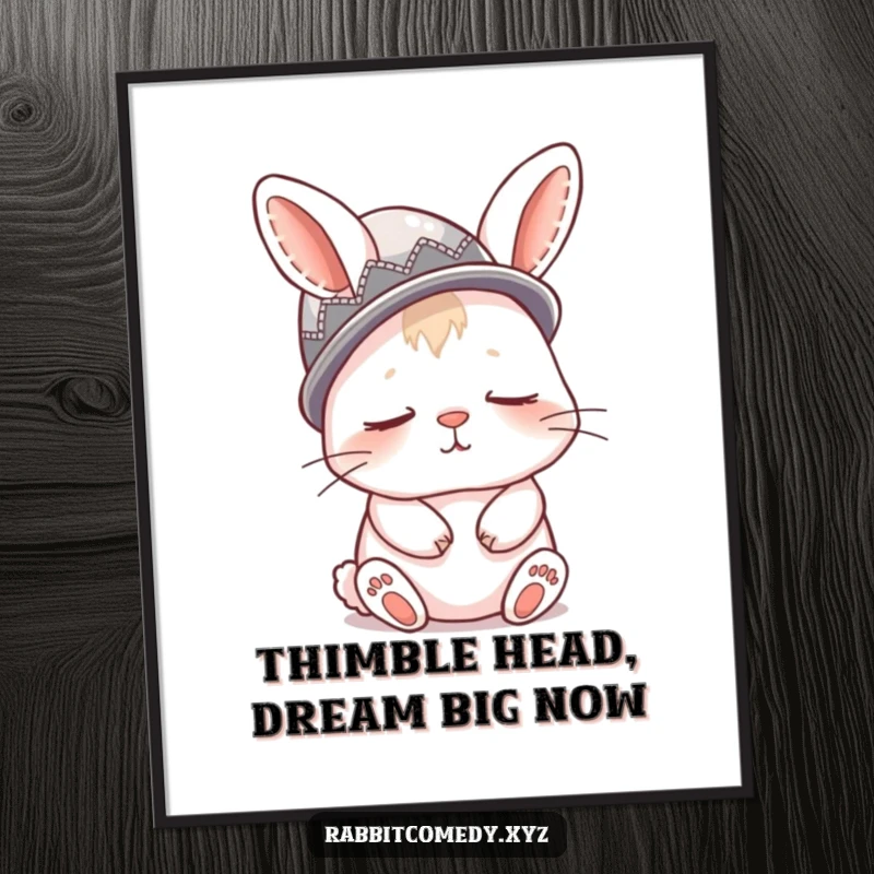 Funny Free Printable Wall Art: Sleepy rabbit adorably wearing a thimble on its head as a hat.