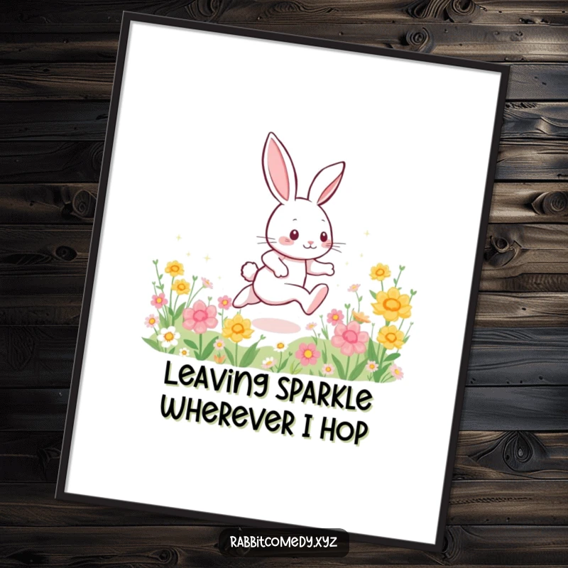Funny Free Printable Wall Art: An energetic rabbit dashing fast across a field of vibrant flowers, leaving a shimmering trail of sparkles.