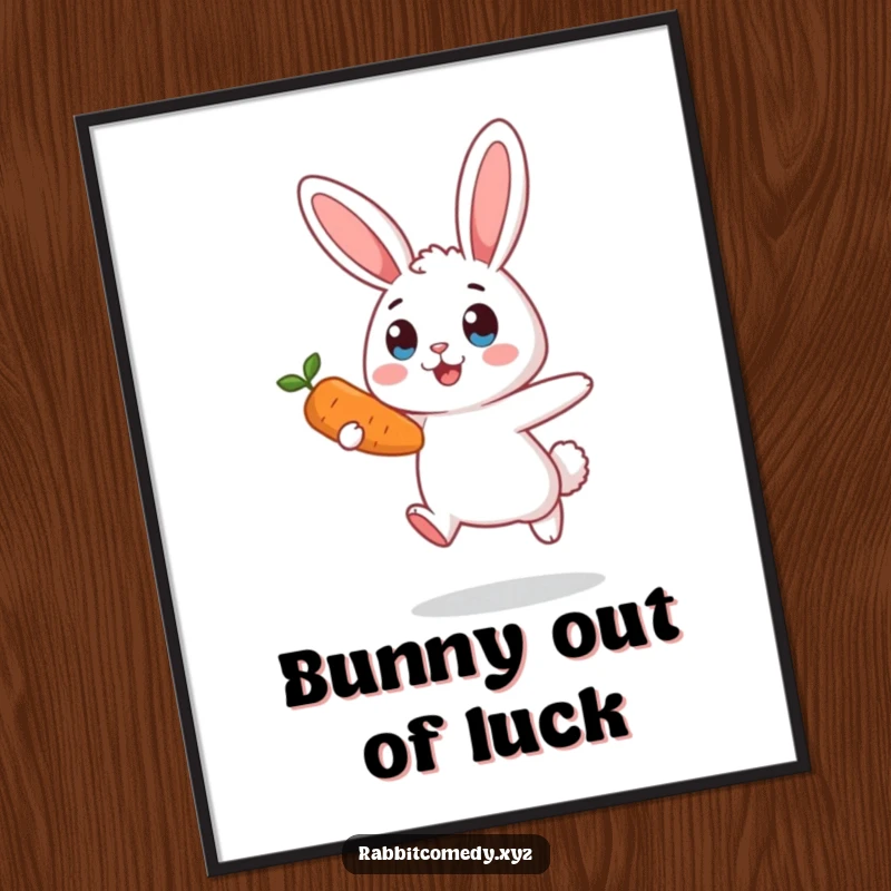 Funny Free Printable Wall Art: A rabbit in mid-air, eyes wide with surprise, holding a carrot.