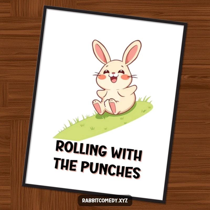 Funny Free Printable Wall Art: A surprised, giggling rabbit character rolling down a grassy hill, humorous downloadable decor.