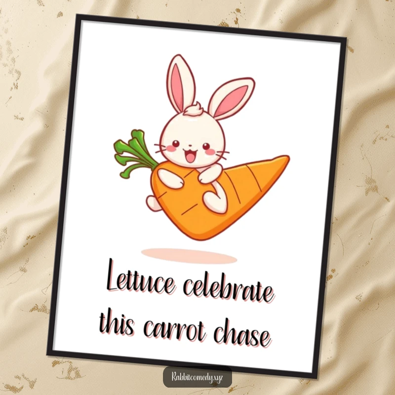 Funny Free Printable Wall Art: Cute kawaii rabbit gleefully hopping on an enormous carrot, a delightful cartoon.