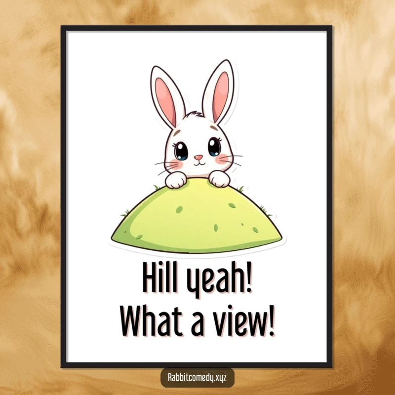 Funny Free Printable Wall Art: Stylized rabbit peeking over a hill, eyes wide with comical anticipation, adding humor to decor.