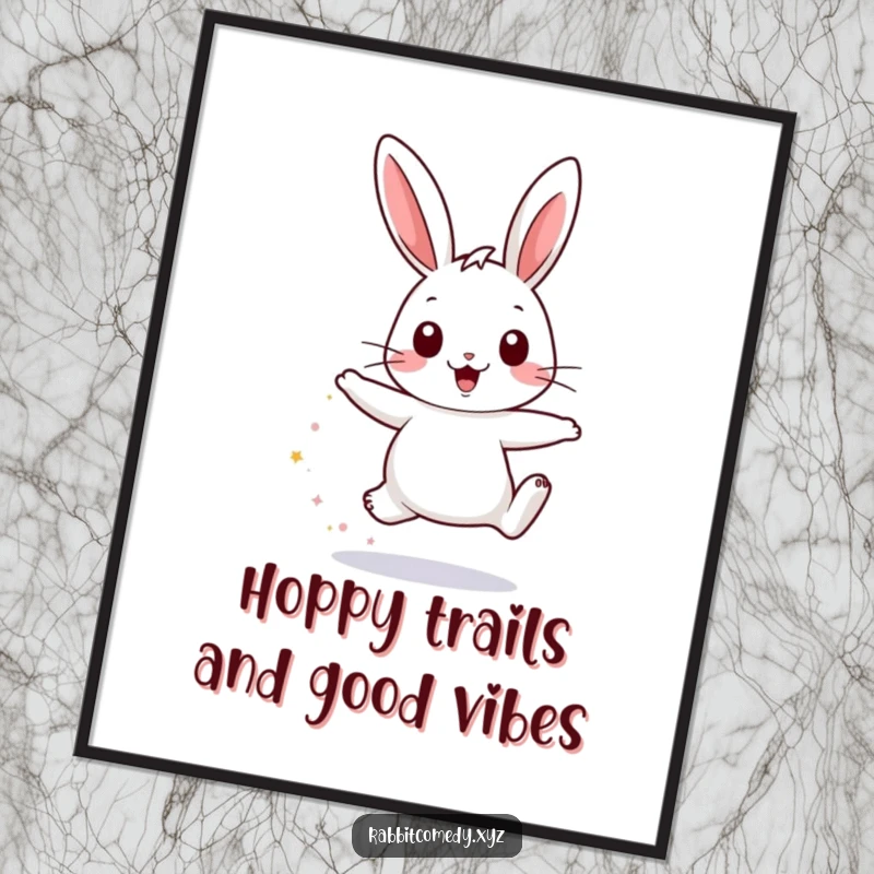 Funny Free Printable Wall Art: Cute rabbit character joyfully hopping and leaving a delightful trail of sparkly dust.