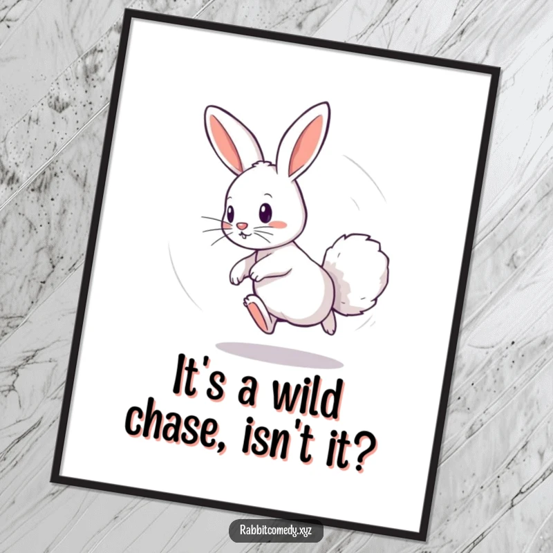 Funny Free Printable Wall Art: Playful rabbit character chasing its own fluffy tail in a continuous, dizzying circle.