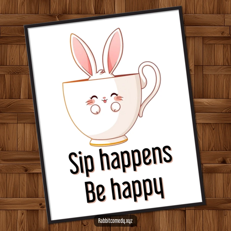 Funny Free Printable Wall Art: Shy rabbit bashfully smiling from behind a giant teacup, cute downloadable decor.