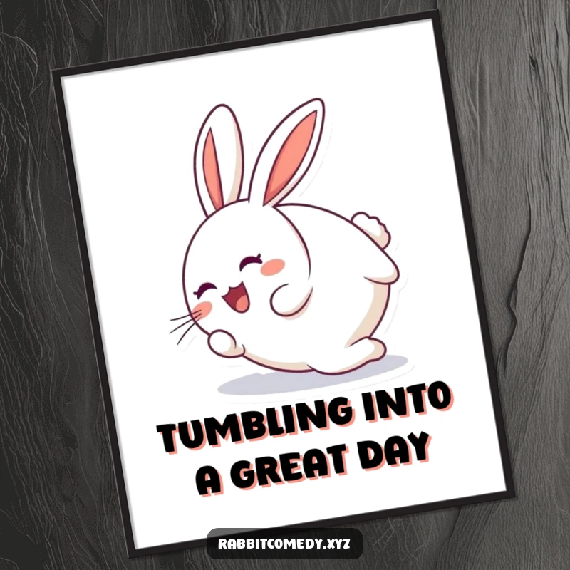 Funny Free Printable Wall Art: A round rabbit character barrels forward, tumbling joyfully end over end.