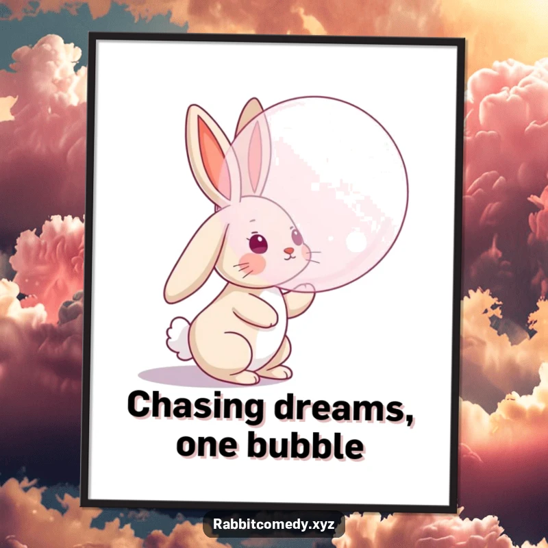 Funny Free Printable Wall Art: Rabbit character with floppy ears trying to catch a giant bubble, whimsical decor, playful art, DIY.
