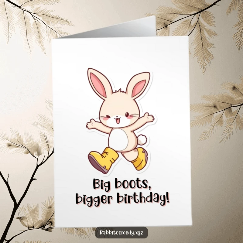 Funny Free Printable Birthday Card: Happy rabbit wearing oversized boots, skipping with pure delight and enthusiasm.