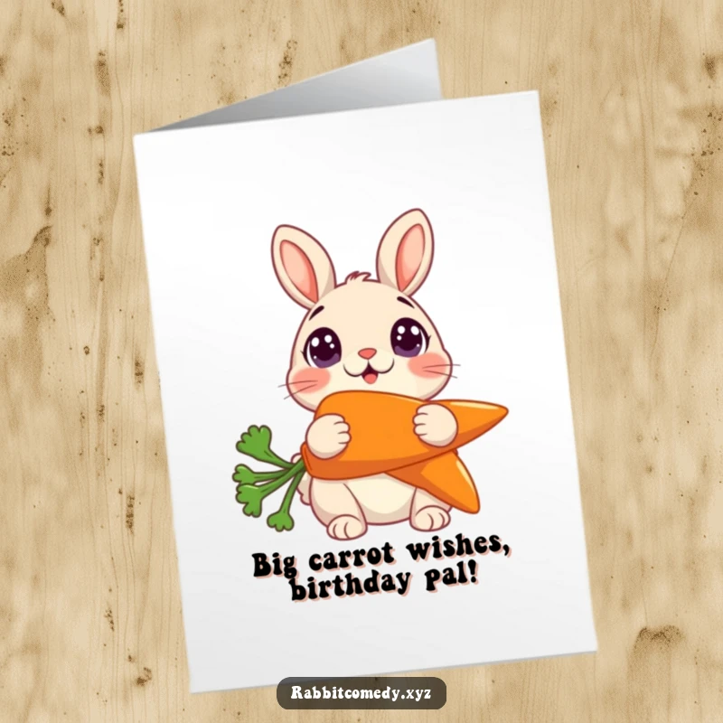Funny free printable birthday card: a rabbit with wide, surprised eyes clutches an enormous carrot.