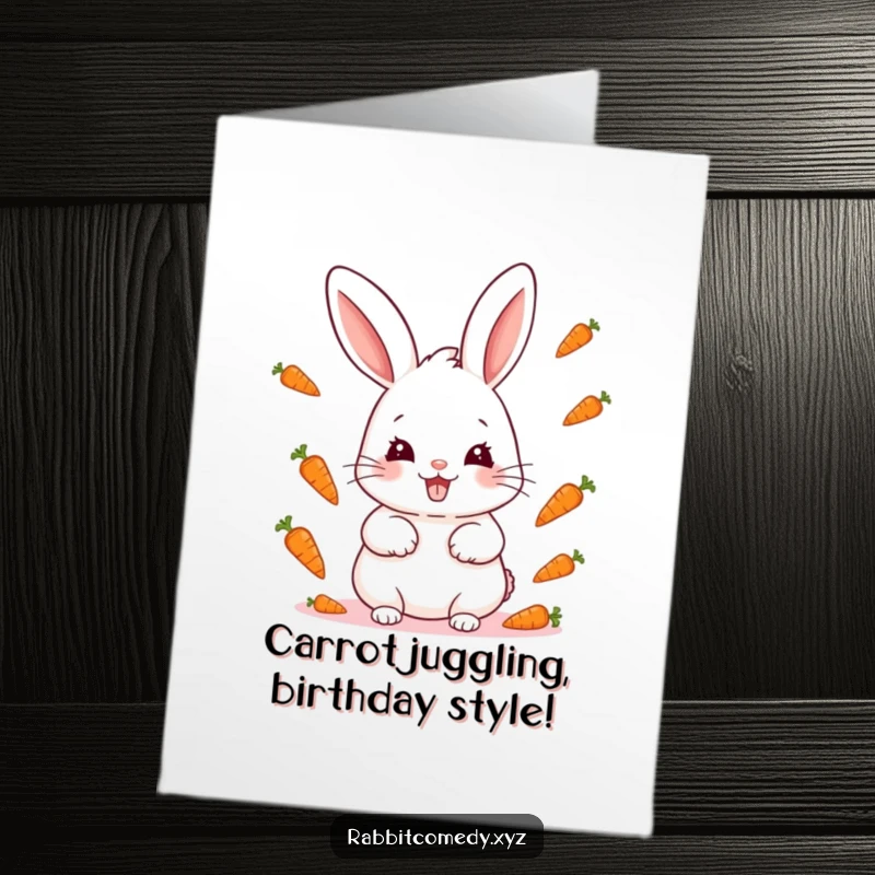 Funny Free Printable Birthday Card: A sly kawaii rabbit with a grin juggles several tiny carrots in mid-air.