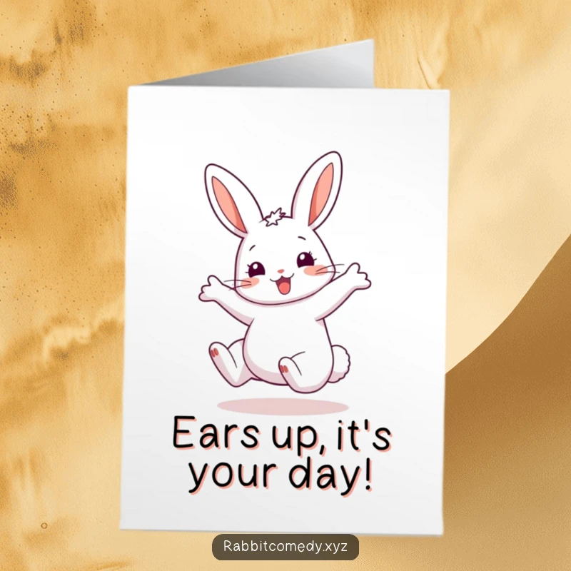 Funny Free Printable Birthday Card: Happy rabbit doing a cartwheel with ears flying, ready to celebrate.