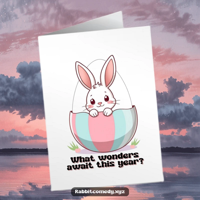 Funny Free Printable Birthday Card: A curious rabbit peeks from a large striped Easter egg, hinting at a fun surprise.