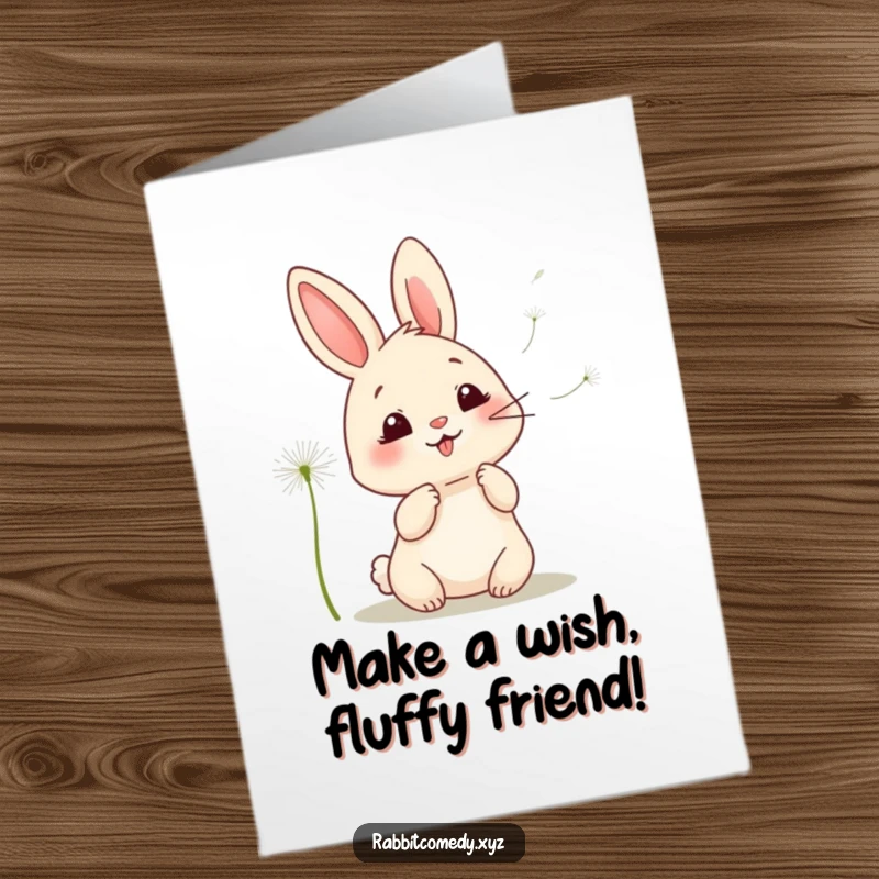 Funny Free Printable Birthday Card: Kawaii rabbit giggling, blowing dandelion seeds, celebrating with joy. Perfect downloadable gift.