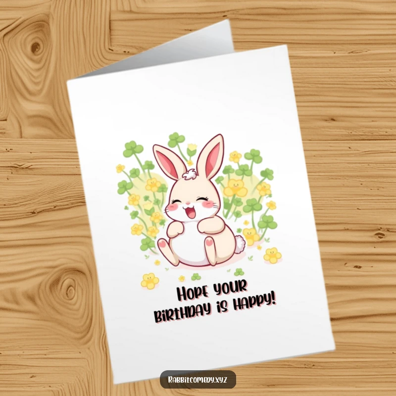 Free Printable Birthday Card: a giggling rabbit on its back, legs in the air, joyfully rolling in clover.