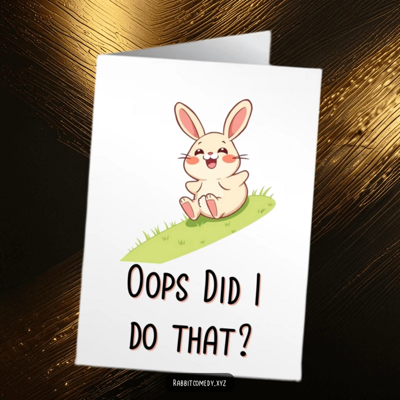 Funny Free Printable Birthday Card: Giggling rabbit tumbling downhill with surprised expression, downloadable fun.