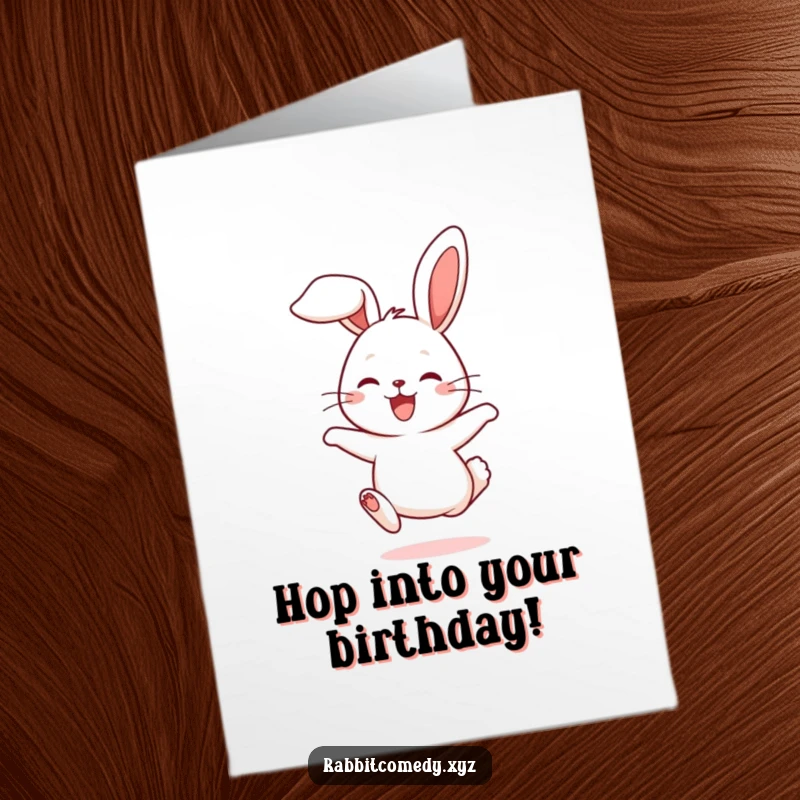 Funny Free Printable Birthday Card: A cute rabbit character hops joyfully, ears flopping with pure excitement and happiness.