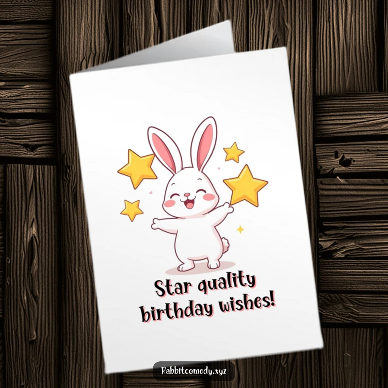 Funny Free Printable Birthday Card: A cheerful rabbit character expertly juggling three large, glittering stars with glee.