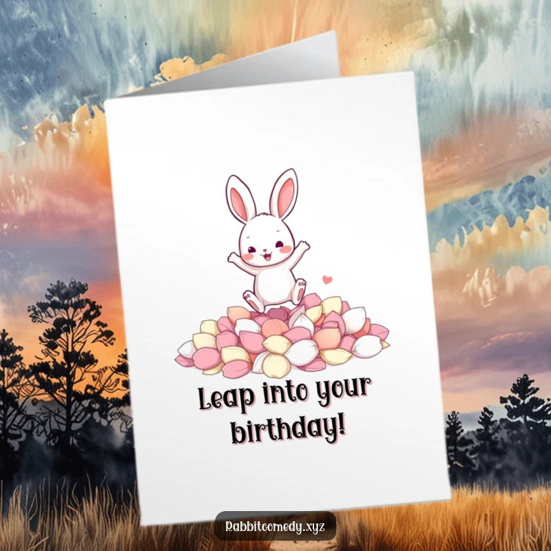 Funny Free Printable Birthday Card: Rabbit joyfully jumping into a pile of colorful petals, downloadable celebration.