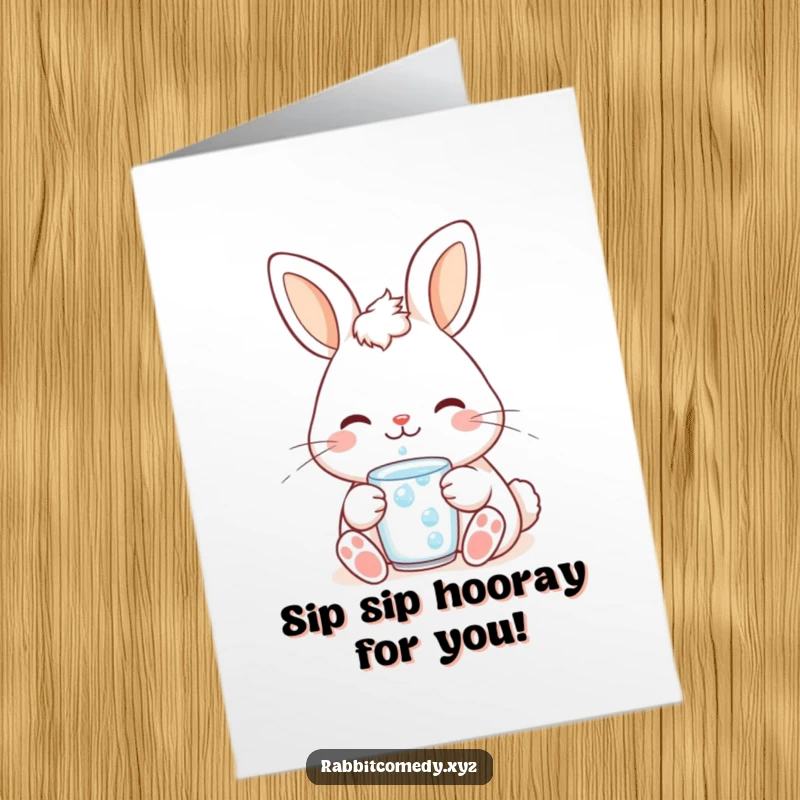 Funny Free Printable Birthday Card: Cute kawaii rabbit with a contented smile, enjoying a refreshing dewdrop drink. Sweet downloadable gift.