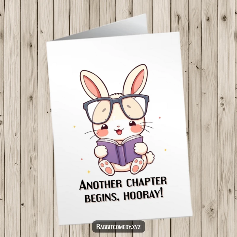 Funny free printable birthday card featuring a happy kawaii rabbit in oversized glasses, engrossed in a tiny book.