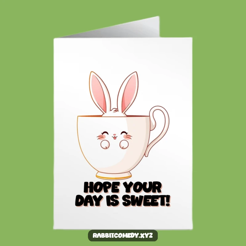 Free Printable Birthday Card: Shy Rabbit Teacup Smile, Funny Downloadable Gift for Introverts