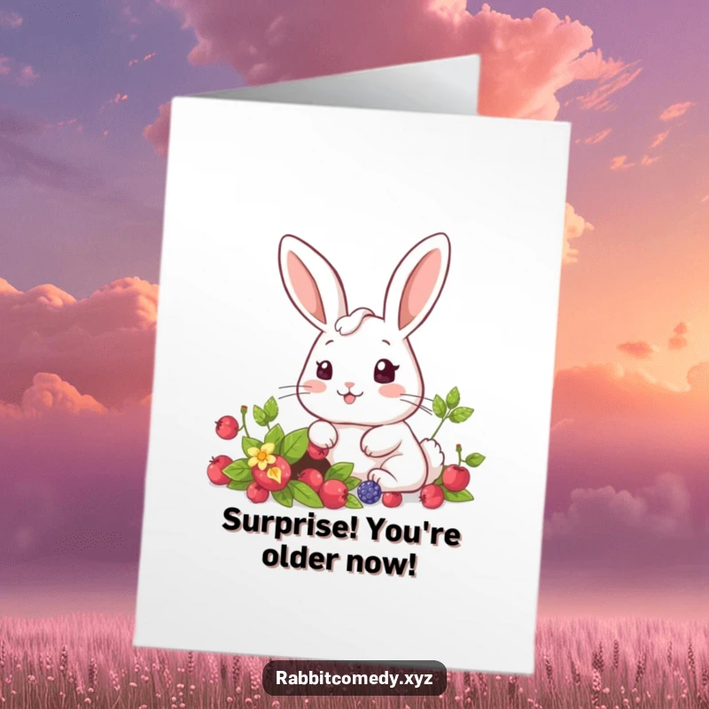 Funny Free Printable Birthday Card: Kawaii rabbit with wide eyes and open mouth looking at a secret berry bounty.