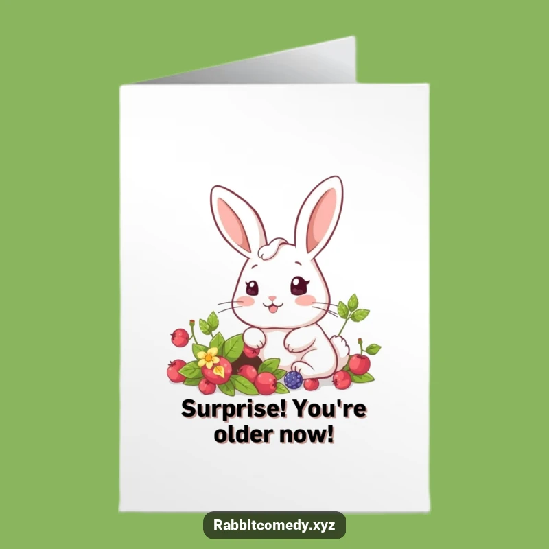 Free Printable Birthday Card: Surprised Kawaii Rabbit Finds Berry Patch