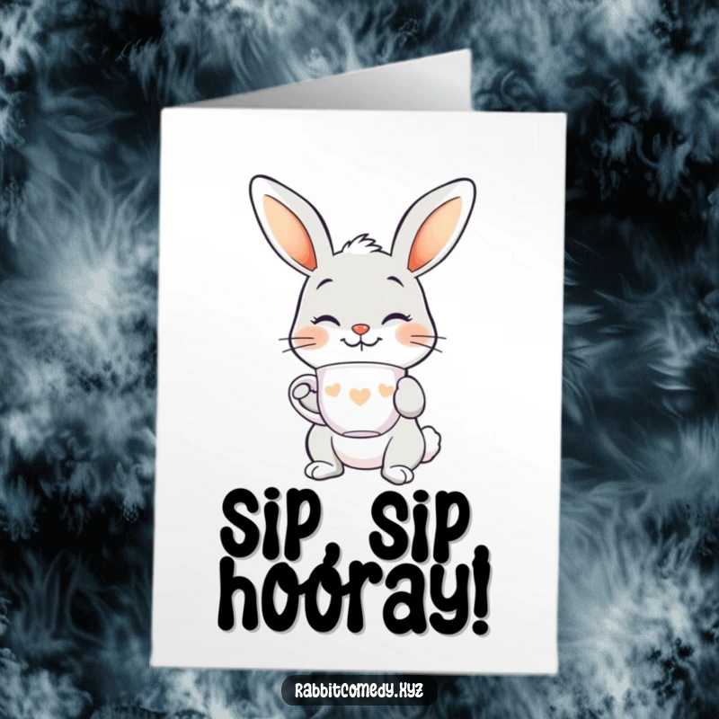 Funny Free Printable Birthday Card: A smiling rabbit balancing a delicate teacup on its nose.