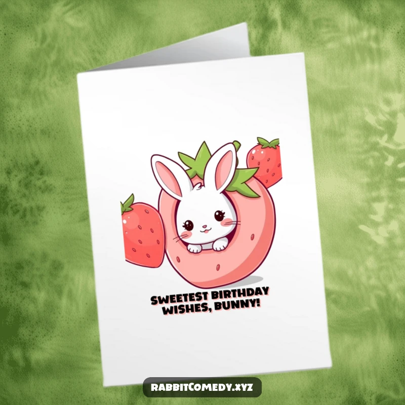 Funny Free Printable Birthday Card: Cute kawaii rabbit peeking playfully out from a hole in a giant, juicy strawberry.