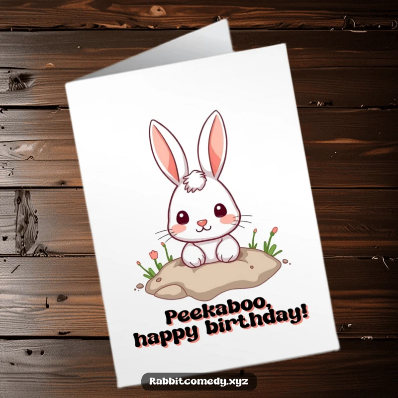 Funny free printable birthday card: a cute rabbit peeks its head out from a hole in the ground.