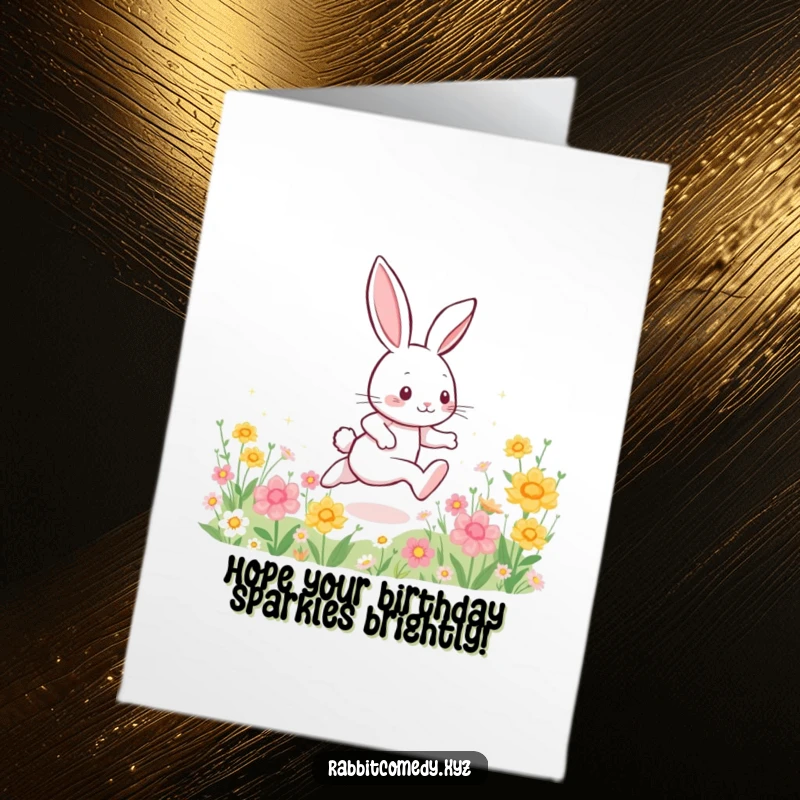 Funny Free Printable Birthday Card: An energetic rabbit dashing through flowers, leaving a trail of bright sparkles.