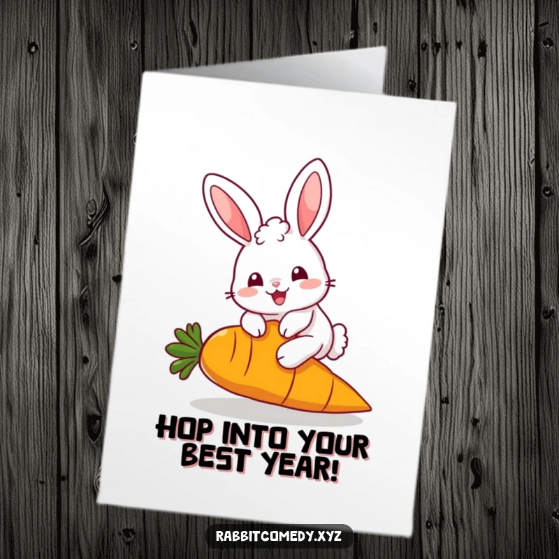 Funny Free Printable Birthday Card featuring a fluffy kawaii rabbit joyfully hopping over a giant carrot, celebrating a happy birthday.