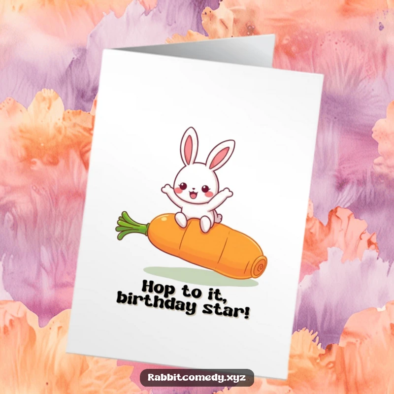 Funny Free Printable Birthday Card: Kawaii rabbit joyfully leaping over a giant carrot, a hilarious downloadable celebration.