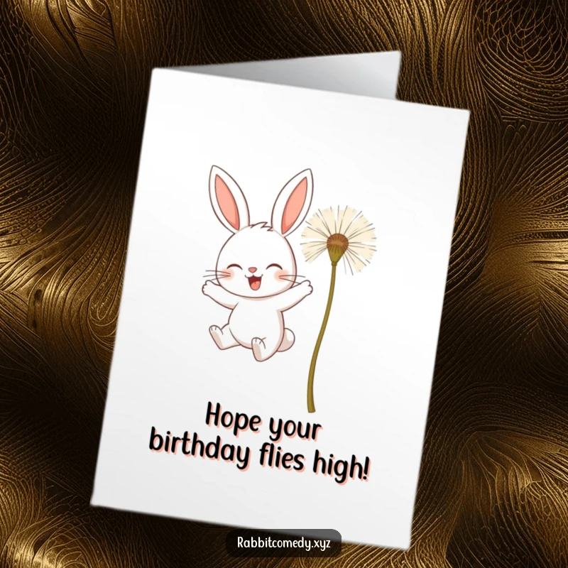 Funny Free Printable Birthday Card: Determined rabbit using dandelion seeds to fly, a whimsical downloadable surprise.