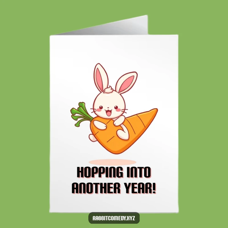 Free Printable Birthday Card: Funny Kawaii Rabbit Hopping Joyfully on Giant Carrot