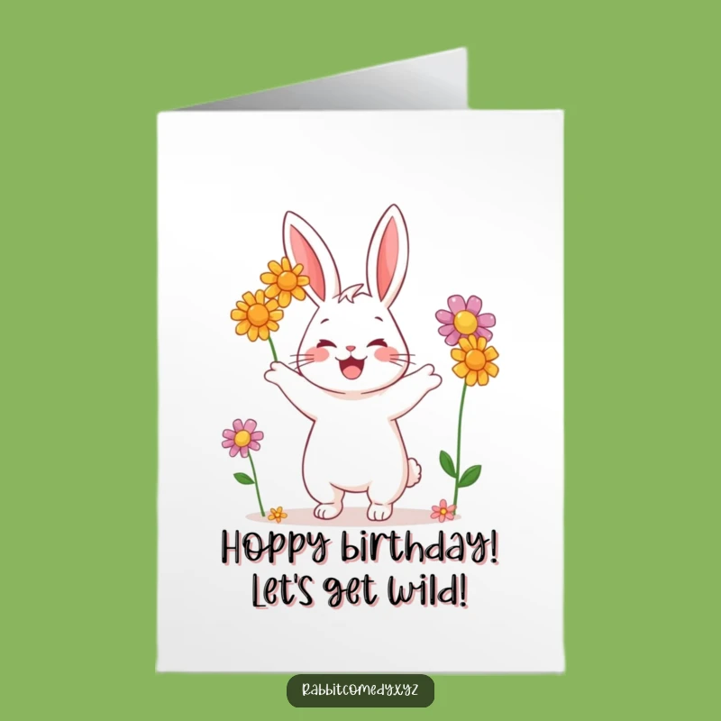 Free Printable Funny Birthday Card: Happy Rabbit Juggling Flowers, Instant Download Gift