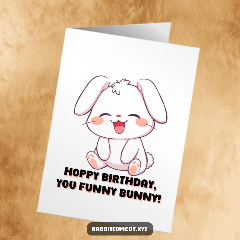 Funny free printable birthday card: A rabbit giggling uncontrollably, ears flopped over, radiating pure, infectious laughter.