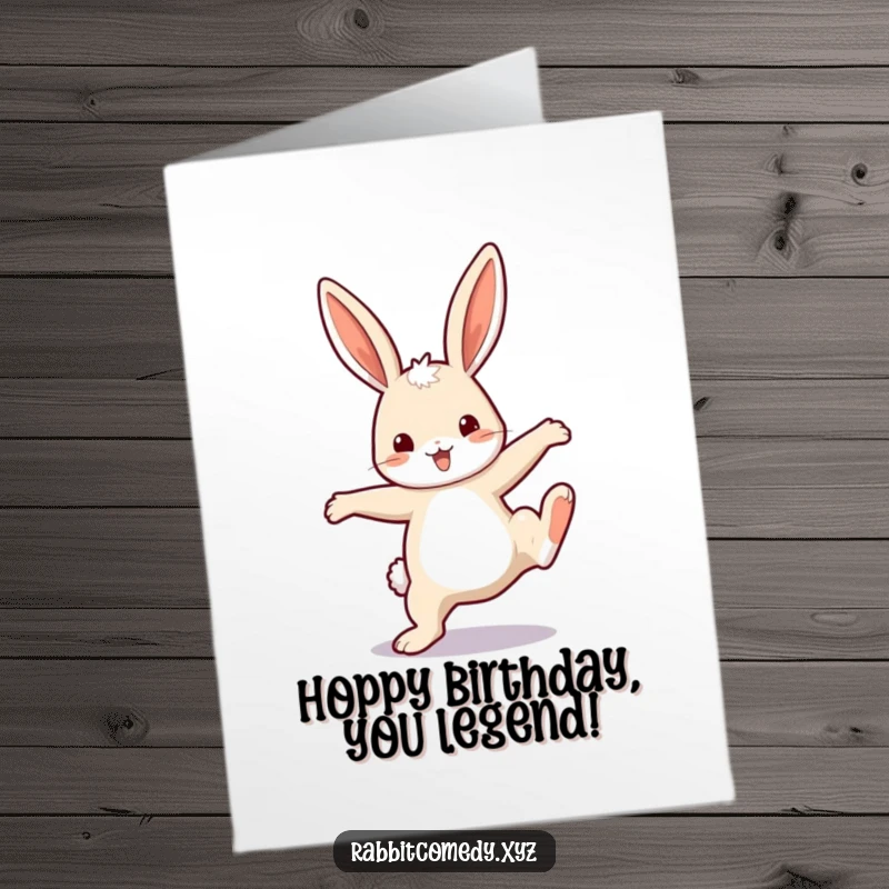 Funny free printable birthday card with a happy rabbit doing a cartwheel, ears flying, ready for celebration.