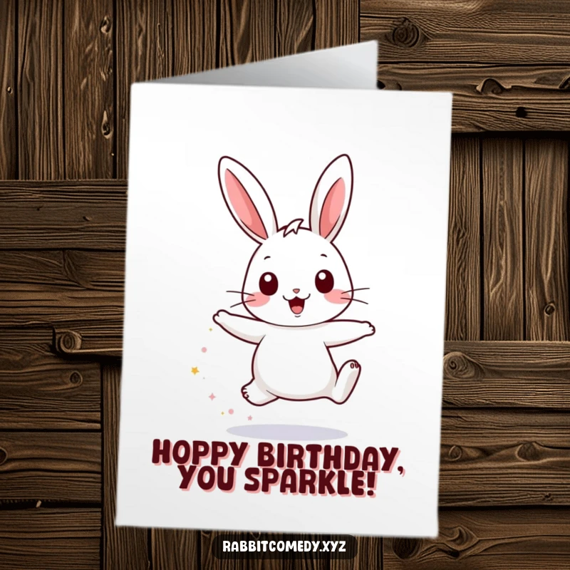Funny Free Printable Birthday Card: Cute rabbit joyfully hopping, leaving a trail of magical sparkly dust.