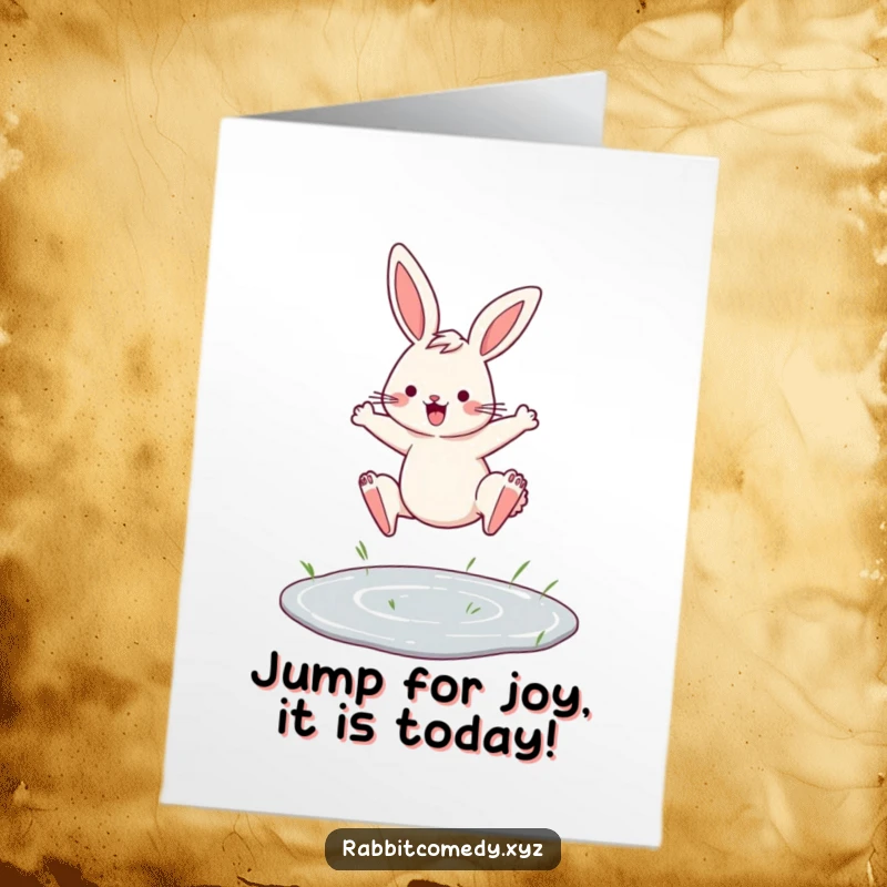 Funny Free Printable Birthday Card: Determined rabbit leaping gracefully over a tiny puddle with style.