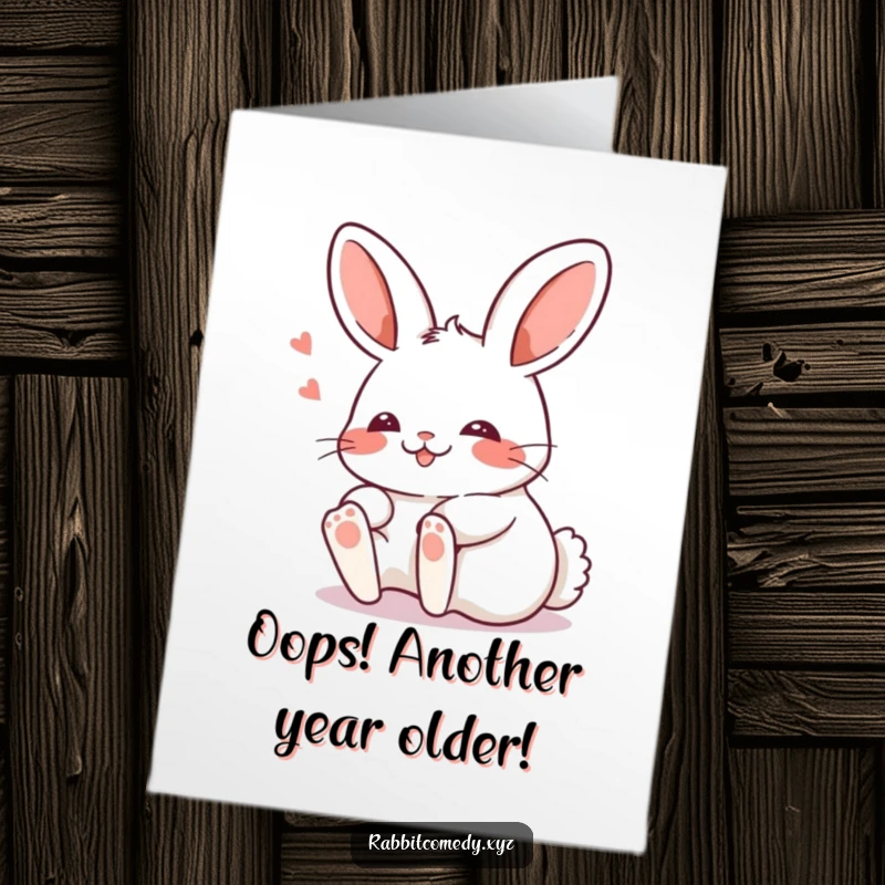 Funny Free Printable Birthday Card: A Kawaii rabbit comically trips over its own feet, blushing hilariously.