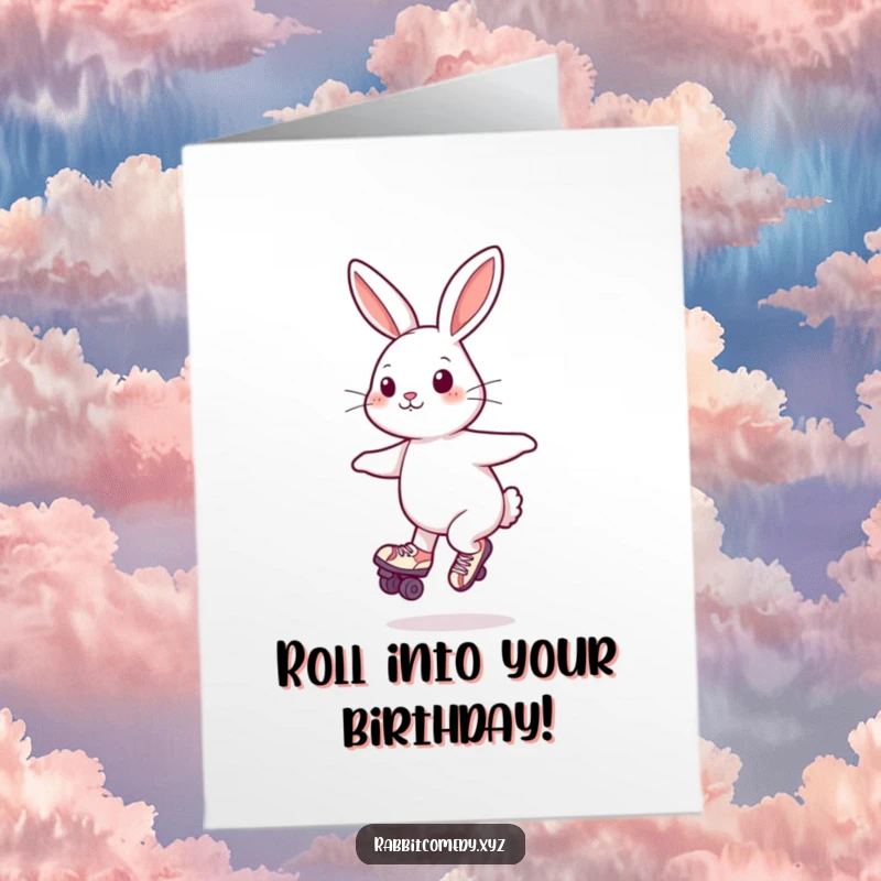 Funny free printable birthday card featuring a rabbit gleefully spinning on roller skates.