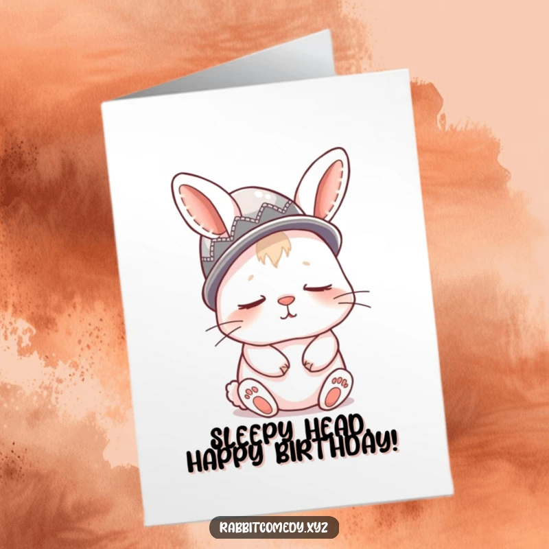 Funny Free Printable Birthday Card: Sleepy rabbit looking cozy wearing a thimble as a tiny hat.
