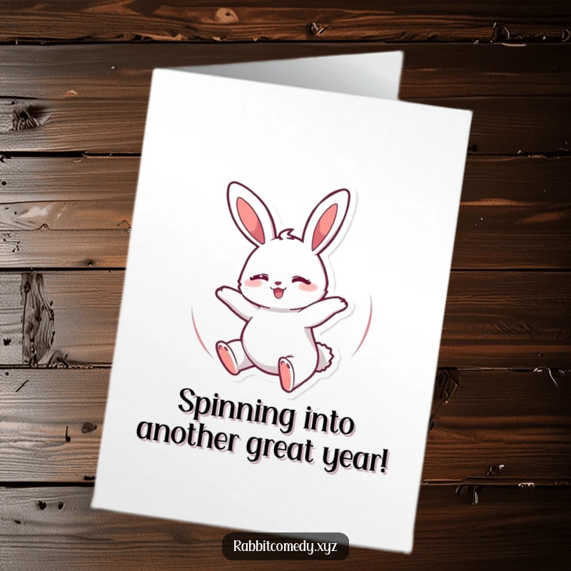 Funny Free Printable Birthday Card: A cheerful rabbit spins with eyes closed in ecstatic delight, perfect for a joyful celebration.