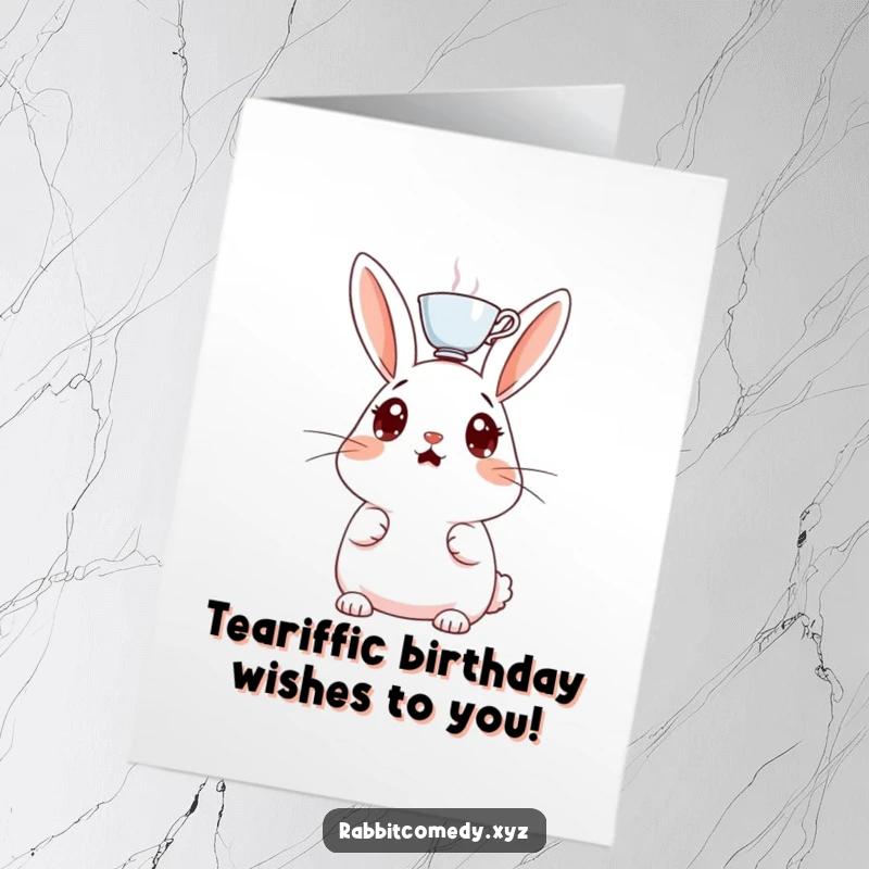Funny Free Printable Birthday Card: Surprised rabbit with wide eyes and a teacup wobbling on its head.