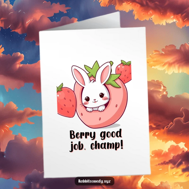 Funny Free Printable Congratulations Card: Adorable kawaii rabbit peeking happily from a hole in a giant, ripe strawberry, celebrating good news.