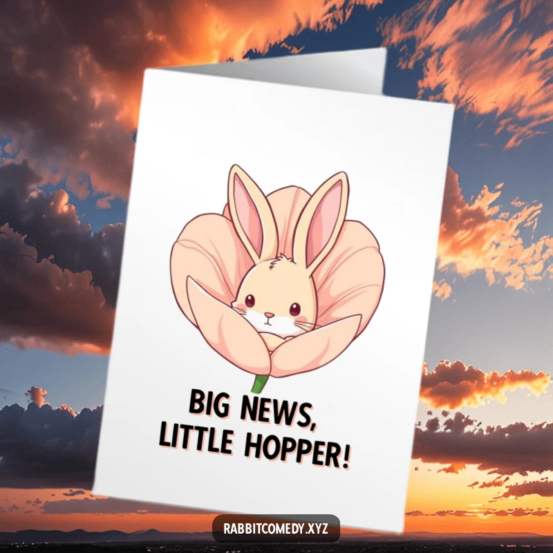 Funny Free Printable Congrats Card: Curious rabbit peeking around a large flower bud, celebrating your success.