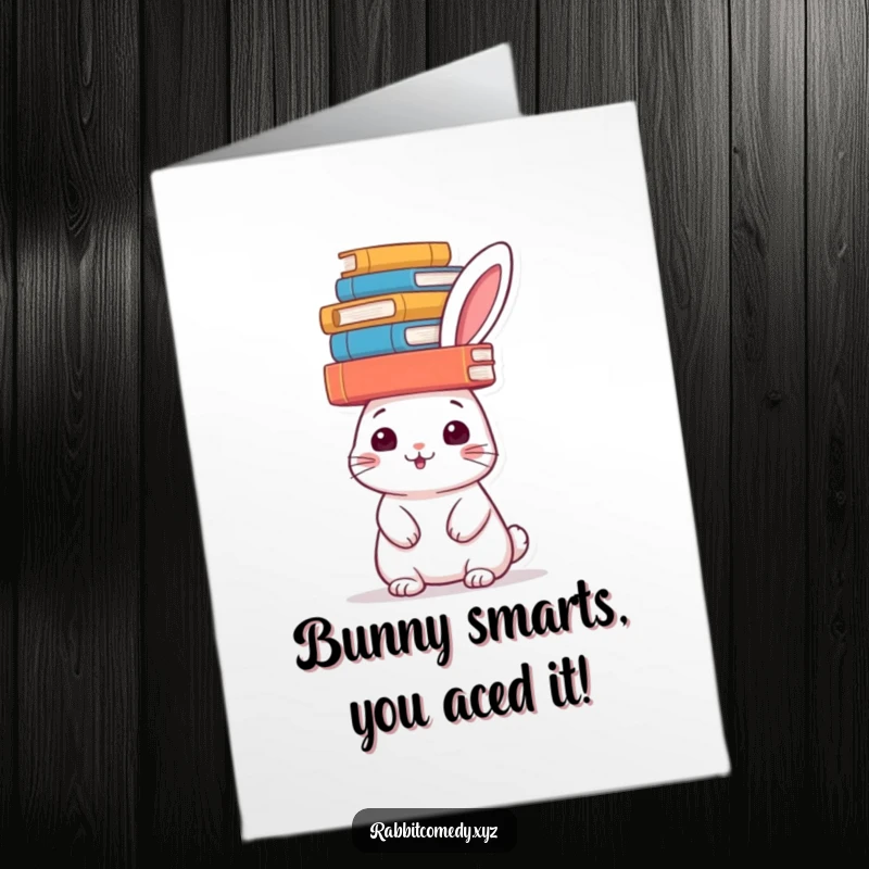 Funny Free Printable Congratulations Card: A cheerful rabbit balancing a stack of books on its head, celebrating graduation or success.