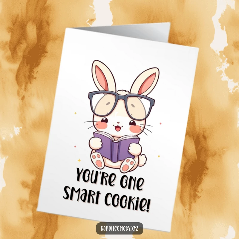 Funny free printable congratulations card with a kawaii rabbit wearing glasses, celebrating intelligence and success.