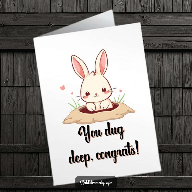 Funny Free Printable Congrats Card: A curious rabbit peeking from a hole, offering cheerful congratulations on their win.